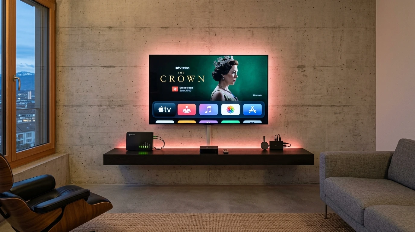 Wohnzimmer mit Fernseher und Streaming-Box – Geräte für IPTV