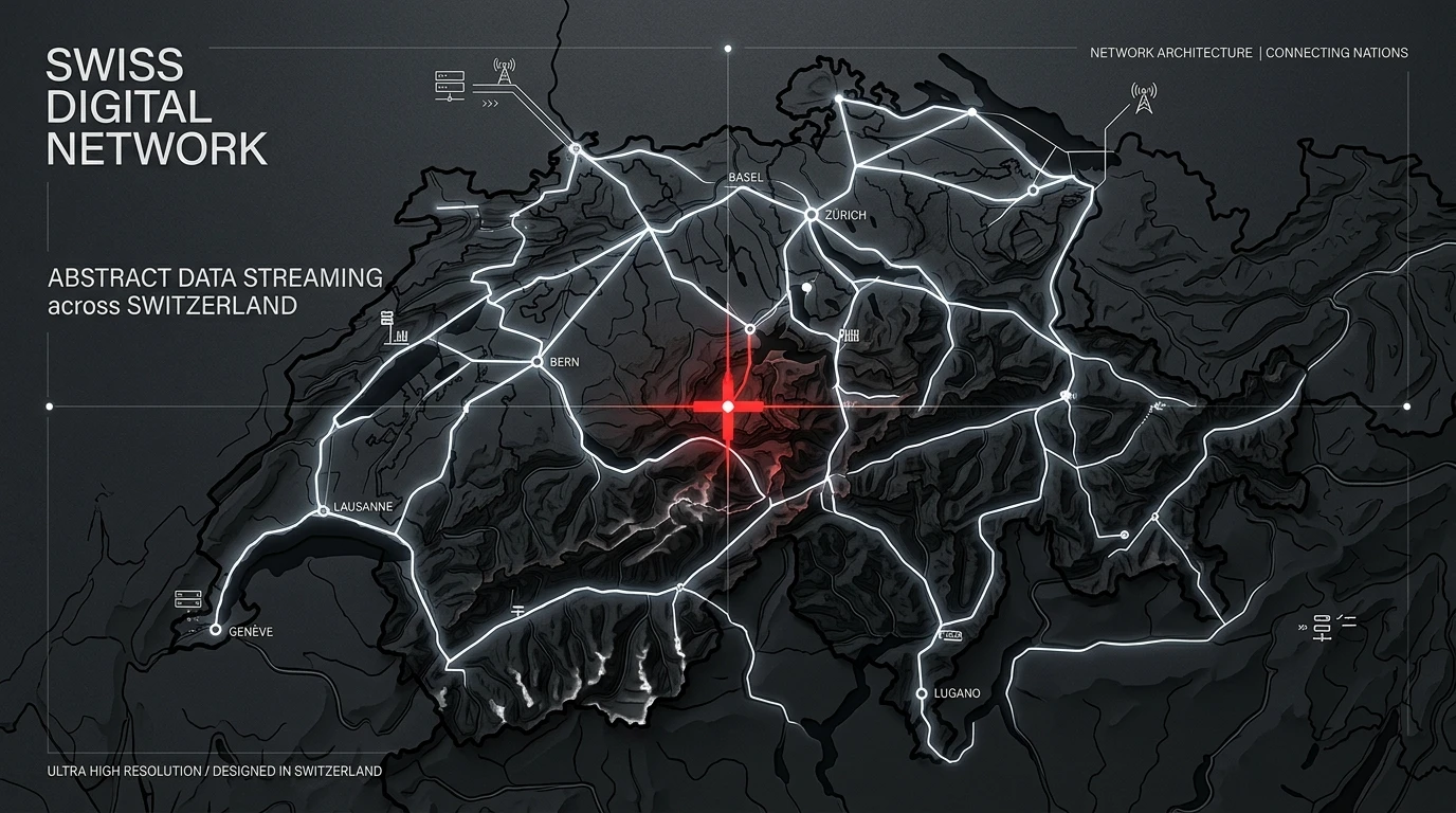 Abstrakte Karte der Schweiz mit leuchtenden Datenverbindungen – Sinnbild für das digitale Netz
