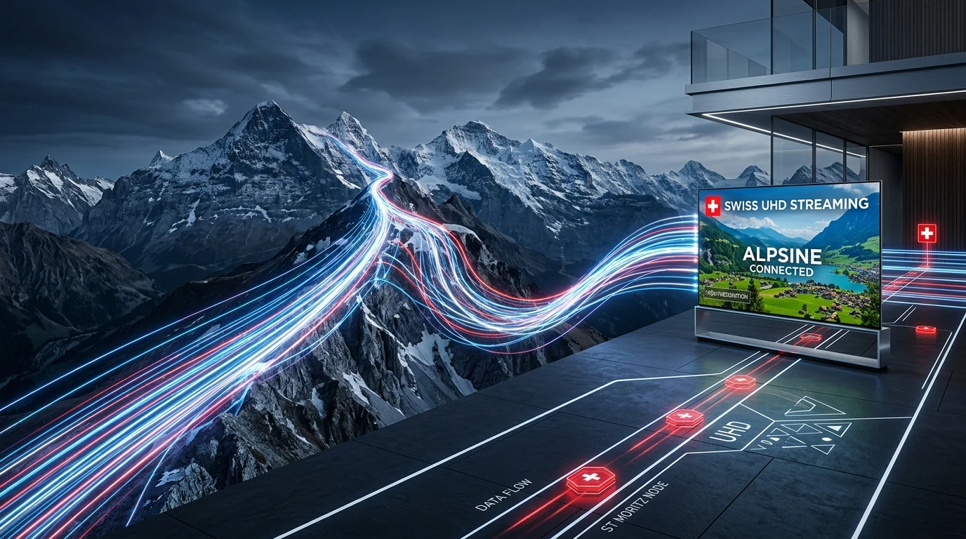Datenströme führen über eine Alpenlandschaft zu einem Fernseher – IPTV in der Schweiz