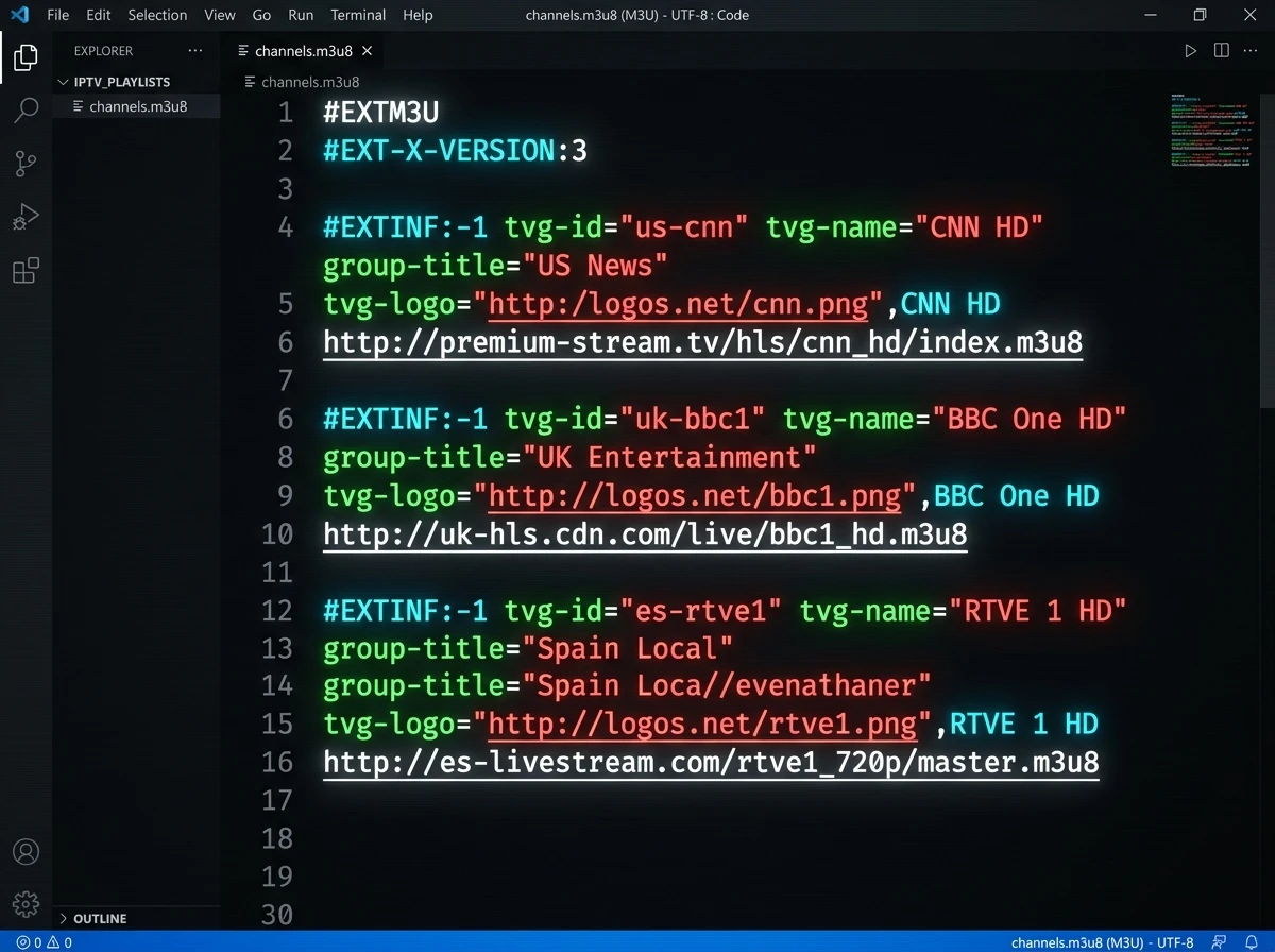Source of an M3U playlist with channel names and stream addresses in a code editor