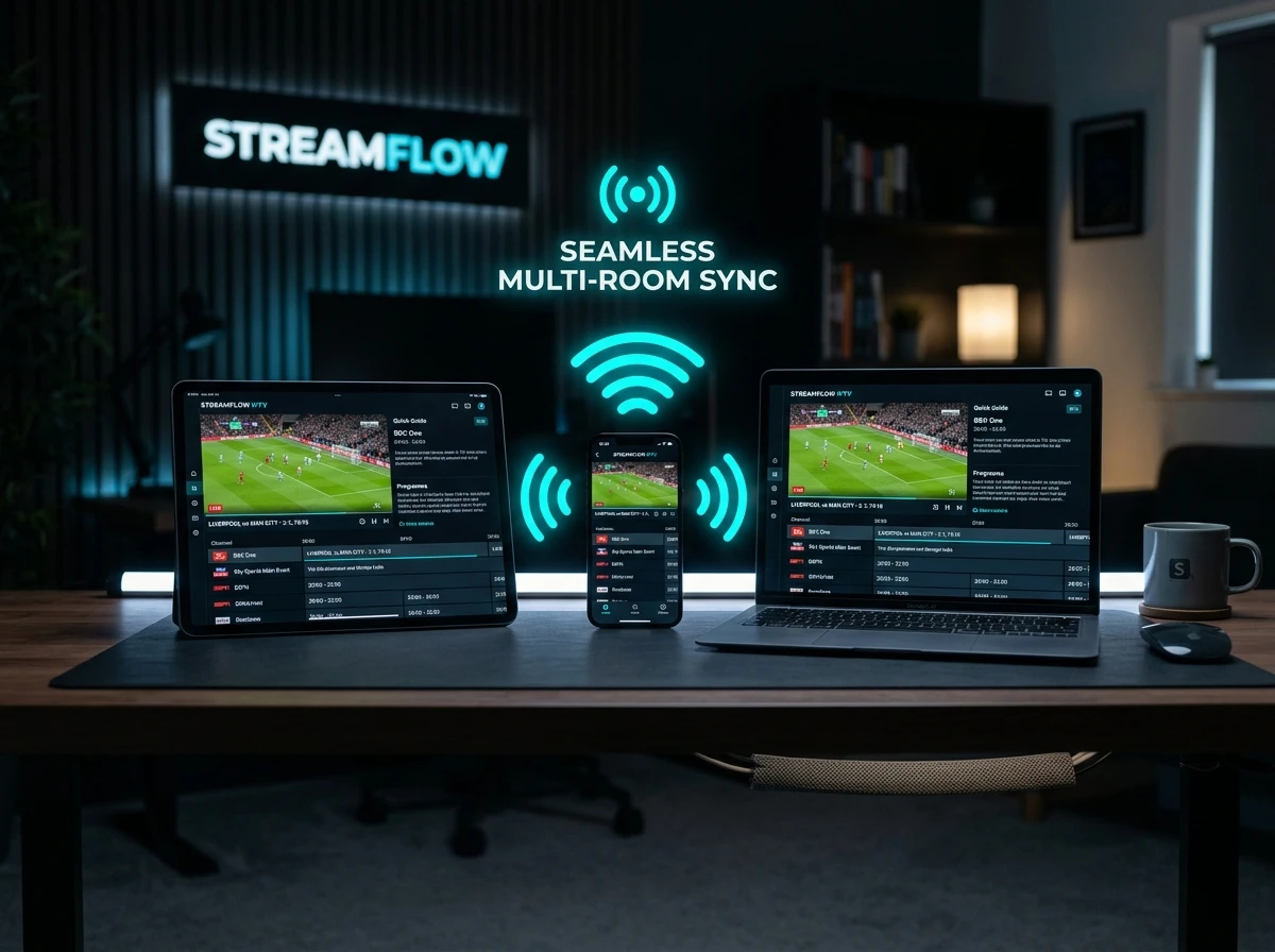 Fernseher, Tablet und Smartphone zeigen gleichzeitig dieselbe Sendung