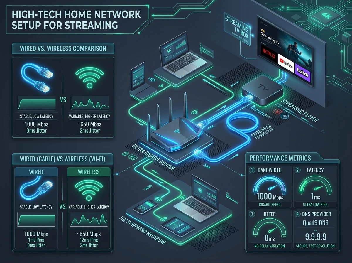 Home network for streaming: wired Ethernet compared with Wi-Fi, with measurements