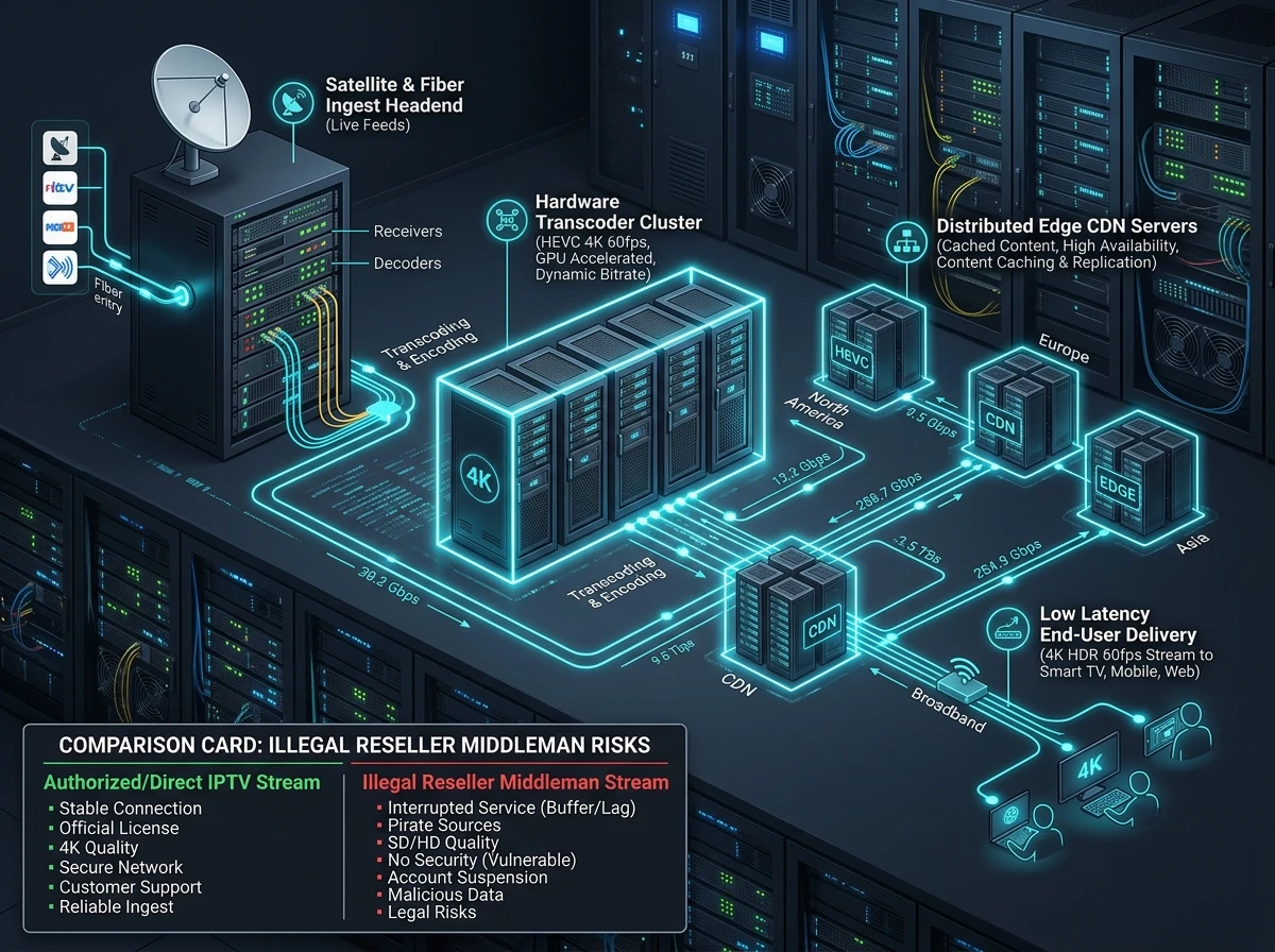Server infrastructure diagram with transcoders and distribution nodes, and the risk of resellers in between