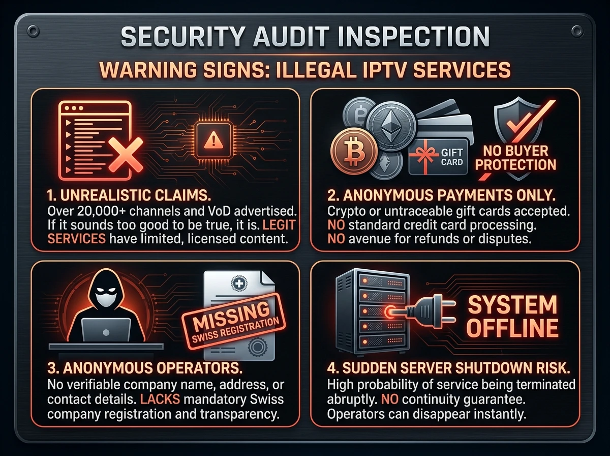 Vier Warnsignale unseriöser IPTV-Anbieter: unrealistische Versprechen, anonyme Zahlung, fehlende Angaben, plötzliche Abschaltung